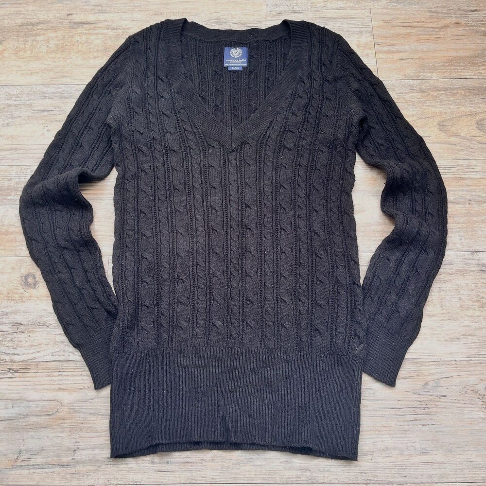 Y2K American Eagle Cable Knit Sweater Medium Black Fitted V Neck Preppy Vintage